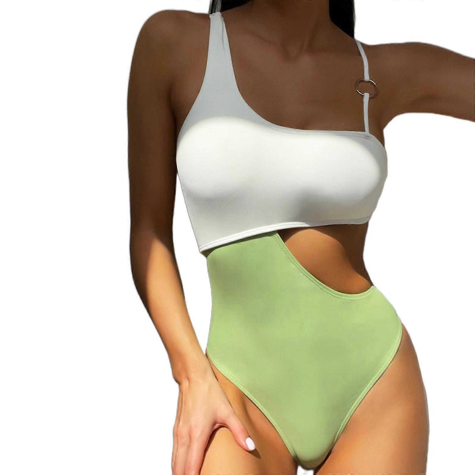 Women's Asymmetrical Lace Up One Piece Swimsuit Patchwork Beach Wear  M