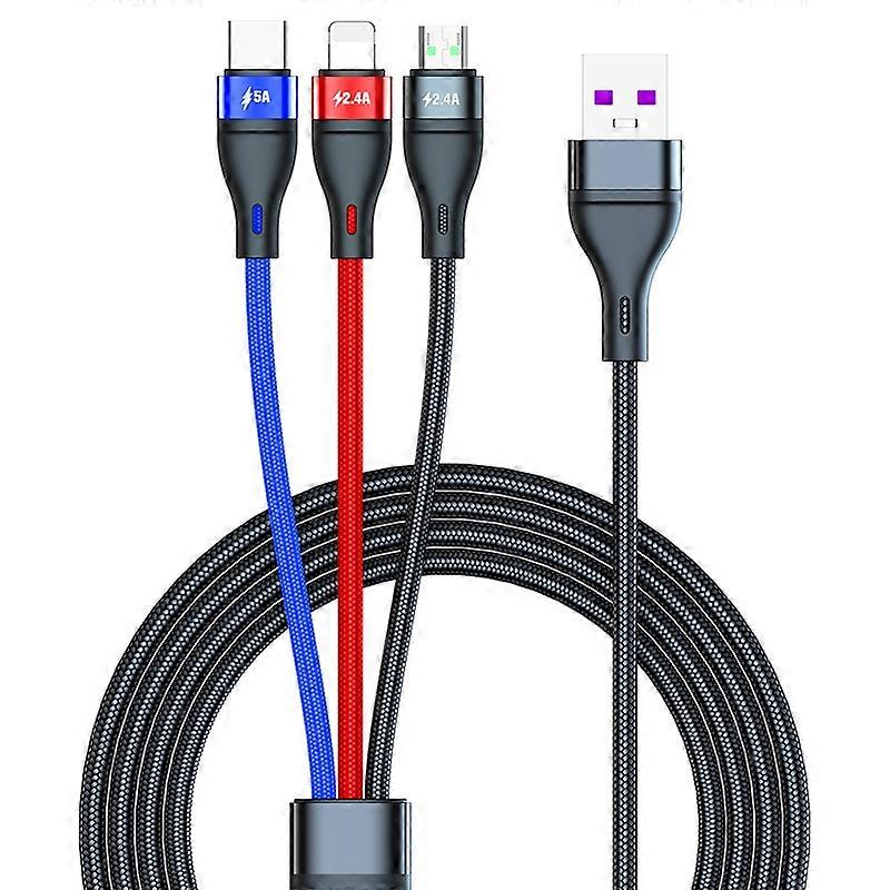 40W 5A USB to Micro USB + USB-C / Type-C + 8 Pin Fast Charging Data Cable, Cable Length: 1.2m