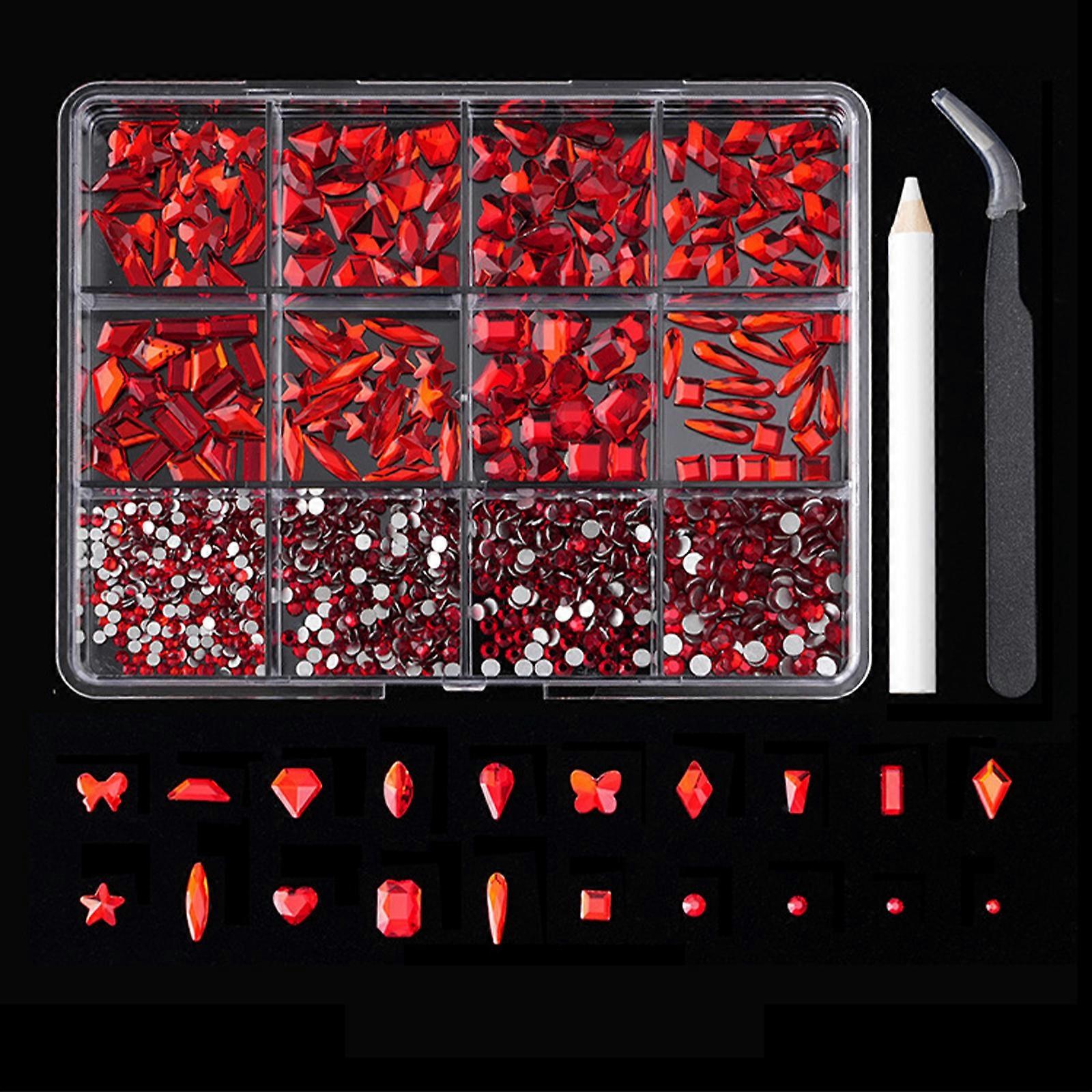 12 grilles ongles à fond plat strass mélanger styles ongles cristal gemmes plumes ongles forme spéciale ongles décorations d’art rouge