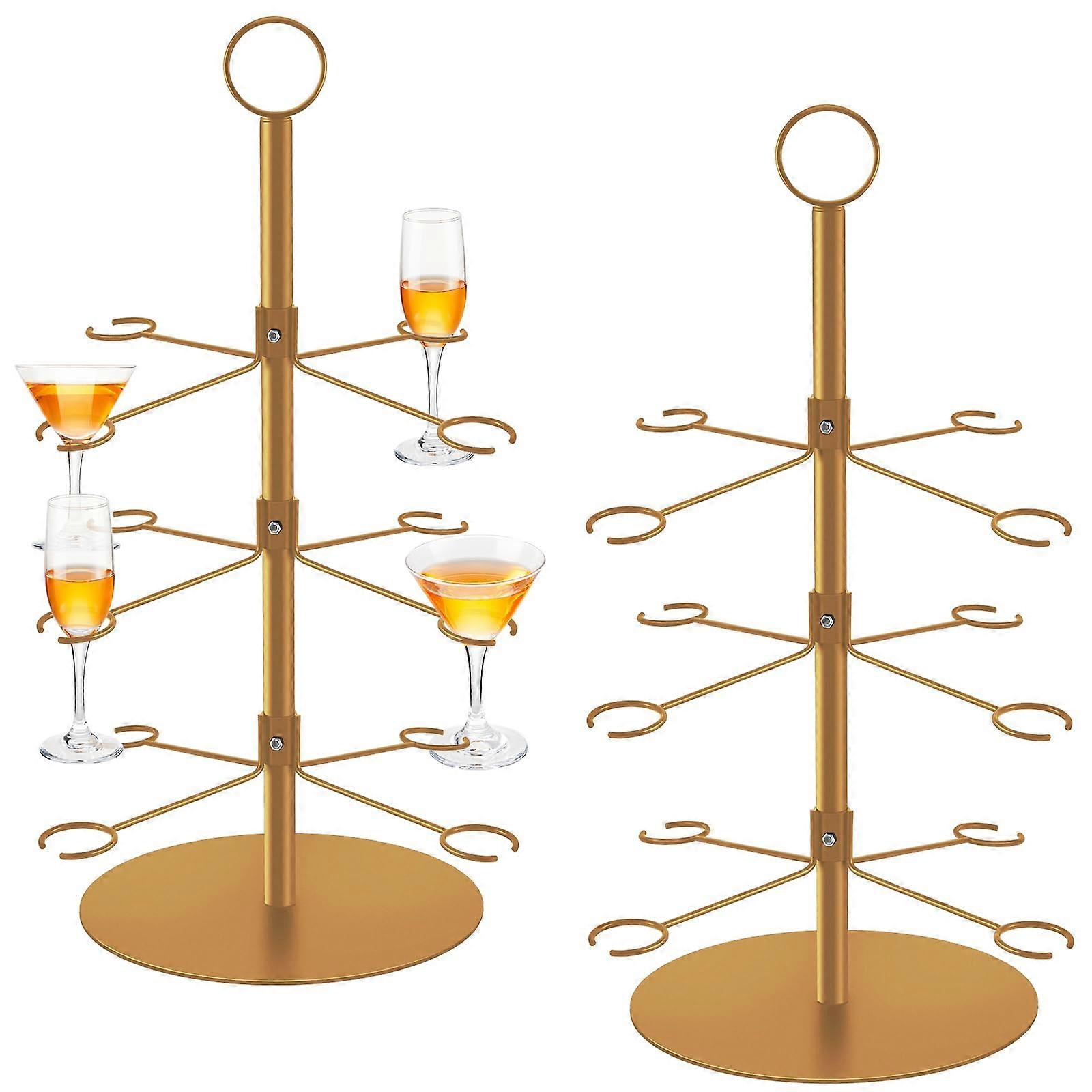 Champagne Tree Stand - 3 Tier Metal Wine Glass Holder Display, 12 Holders for Drinks, Gold Finish, Set of 2