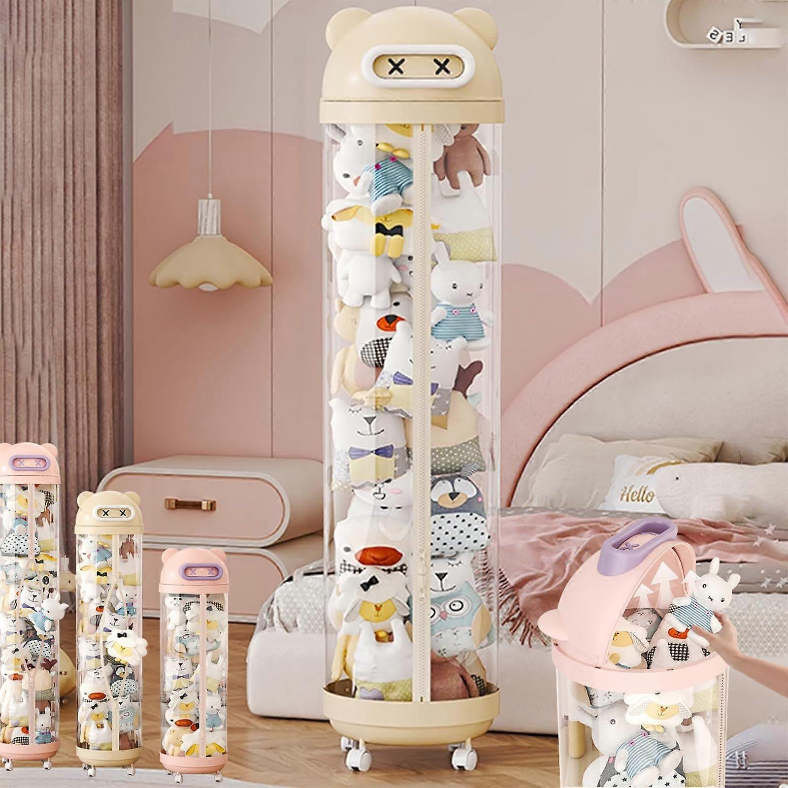 Rotating Toy Storage Tower, Transparent Vertical Animal Storage Tube, Toy Storage Tube with Zipper, Doll Storage Tube with 360° Rotation Wheels