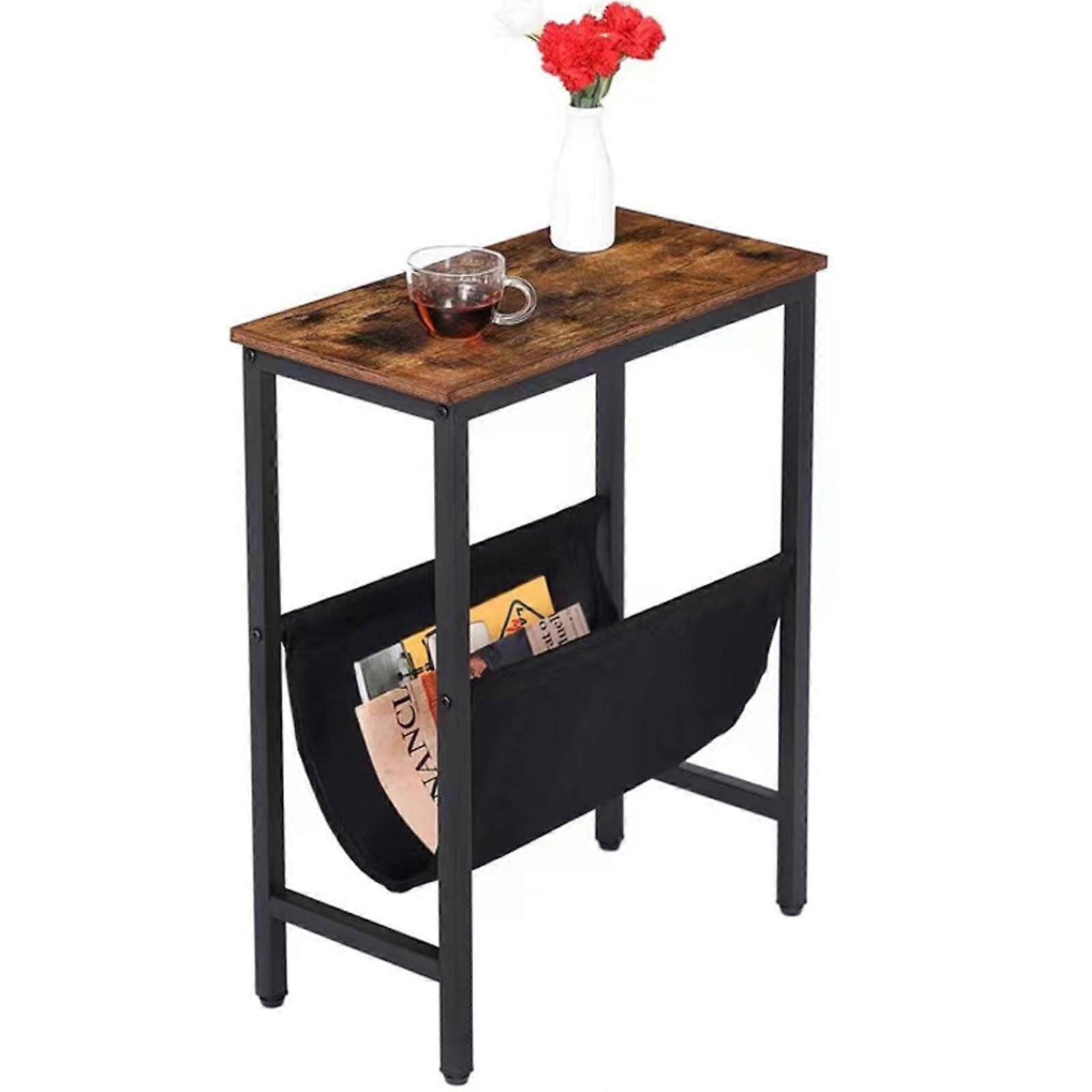 Small Side Tables for Small Spaces - Narrow End Table with Storage Pouch, Slim Bedside Table and Magazine Holder for Living Room, Bedroom
