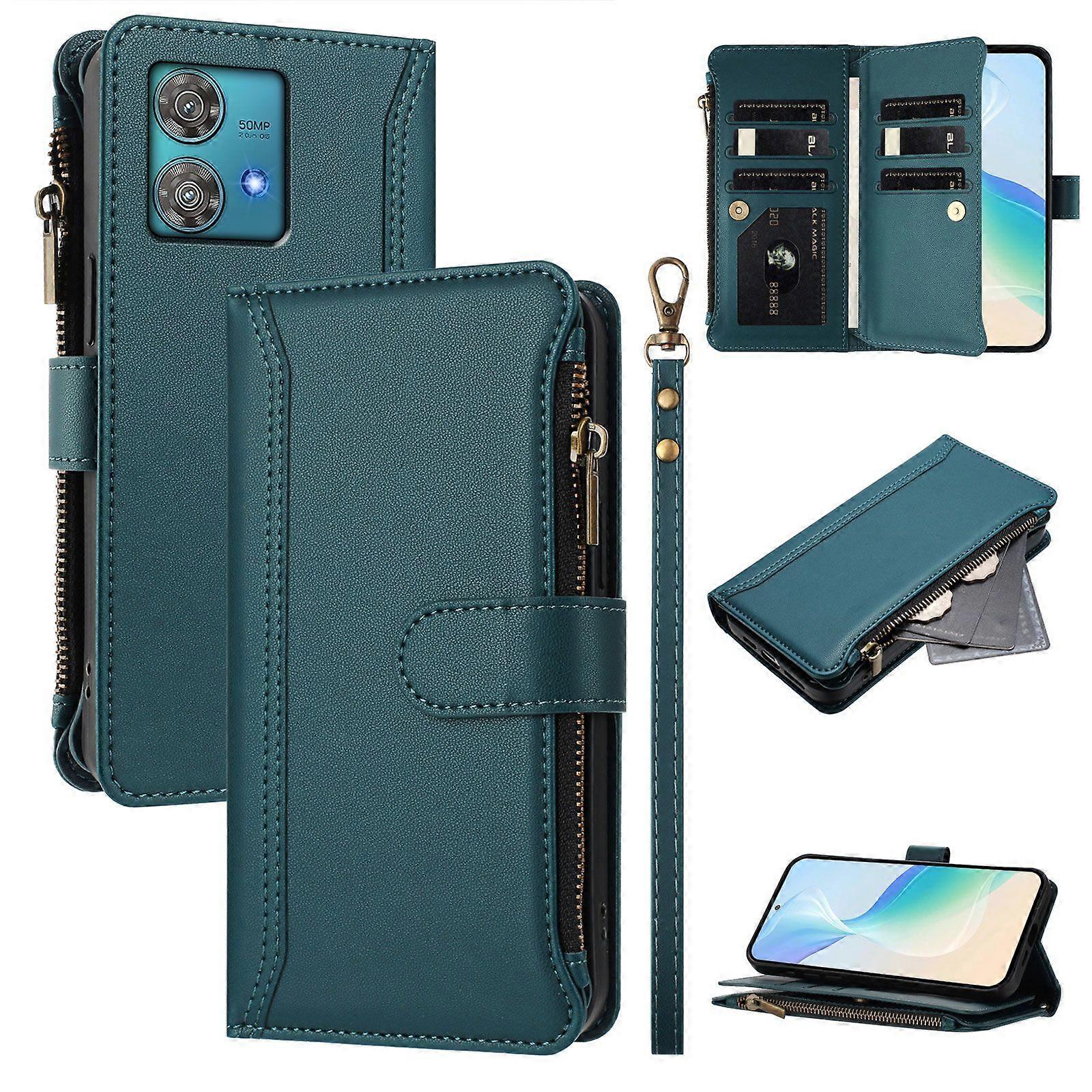 Case for Motorola Edge 40 Neo 5G Premium Leather Zipper Pocket Wallet Phone Case with 9 Card Slots and Detachable Wrist Strap