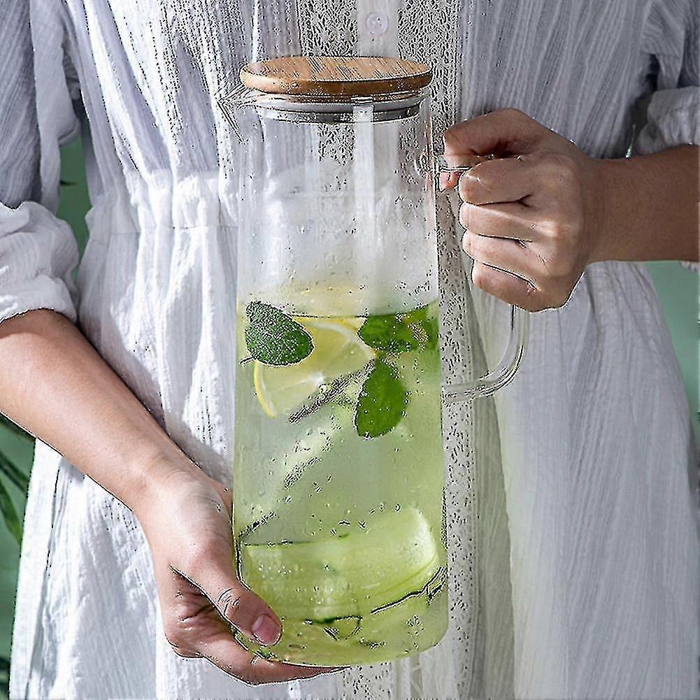 Jarra de Vidro Resistente ao Calor 1.7L com Tampa de Bambu, Alça para Bebidas Quentes e Frias, Chaleira de Jarra de Água para Chá