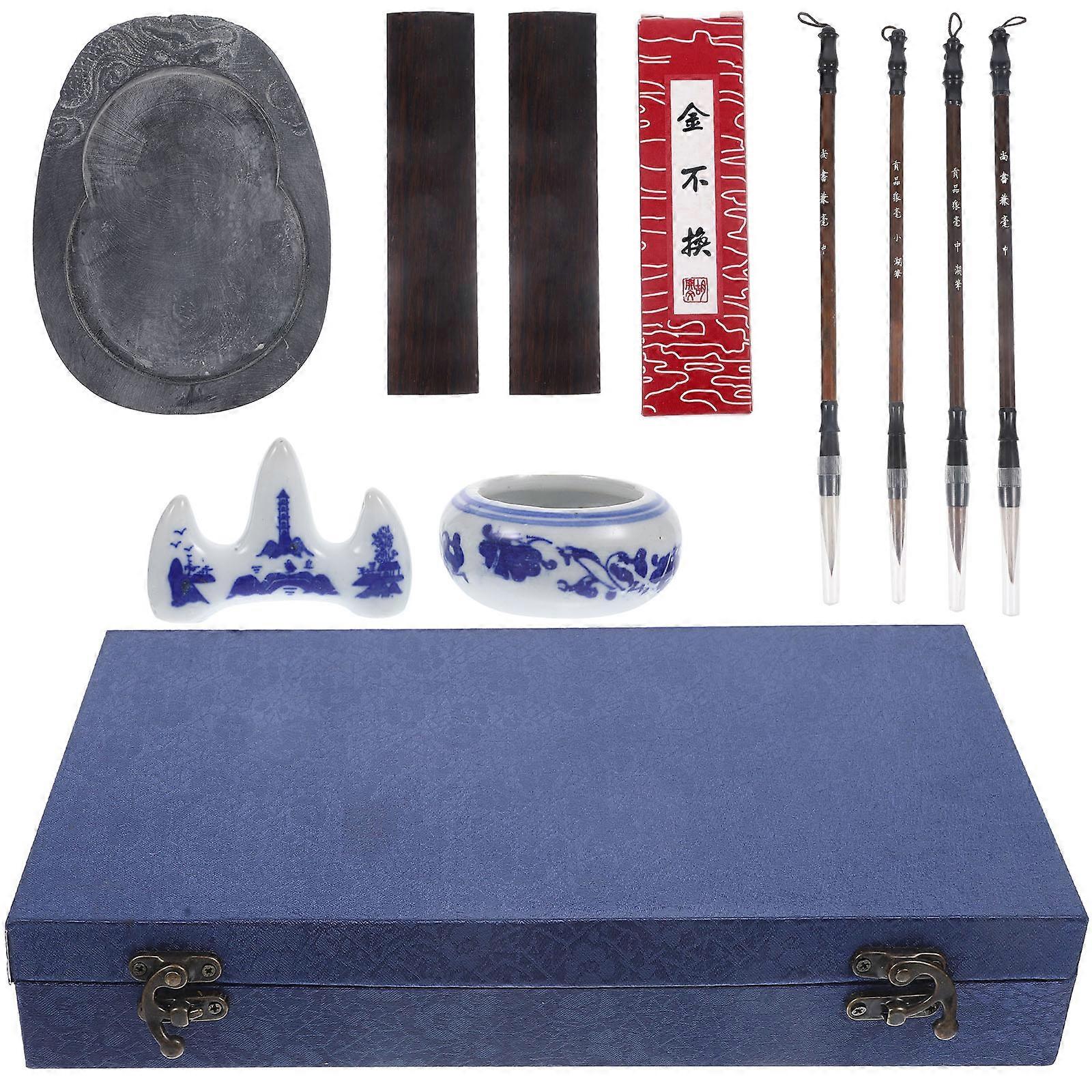 Ink Stick & Ink Brush Set for Calligraphy – Chinese Writing Kit in Brocade Box for Students, Artists, Beginners