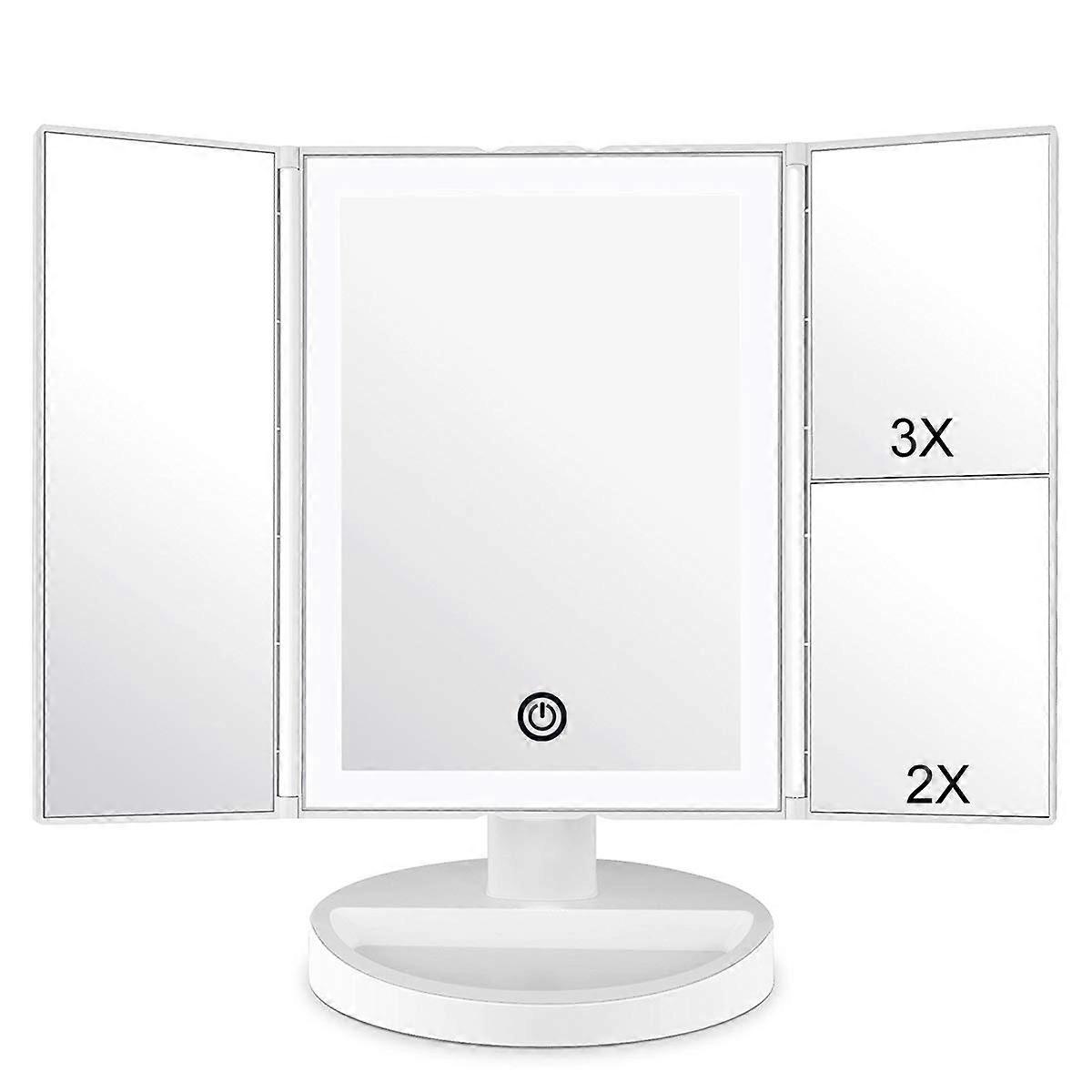 Makeup mirror with LED lighting and touchscreen, magnification 1X/2X/3X, rotation by 180 °, battery operated and powered via USB (white) White