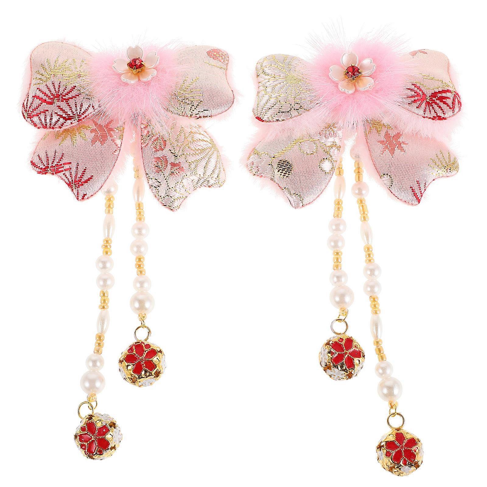 Chinese Style Hair Clip For Baby Girls With Tassels And Pearls Pink Fluffy Bow Accessories For Stage Performances 2Pcs