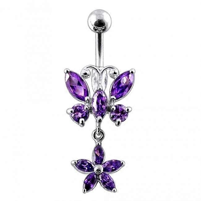 Butterfly And Flower Silver Dangling Belly Ring