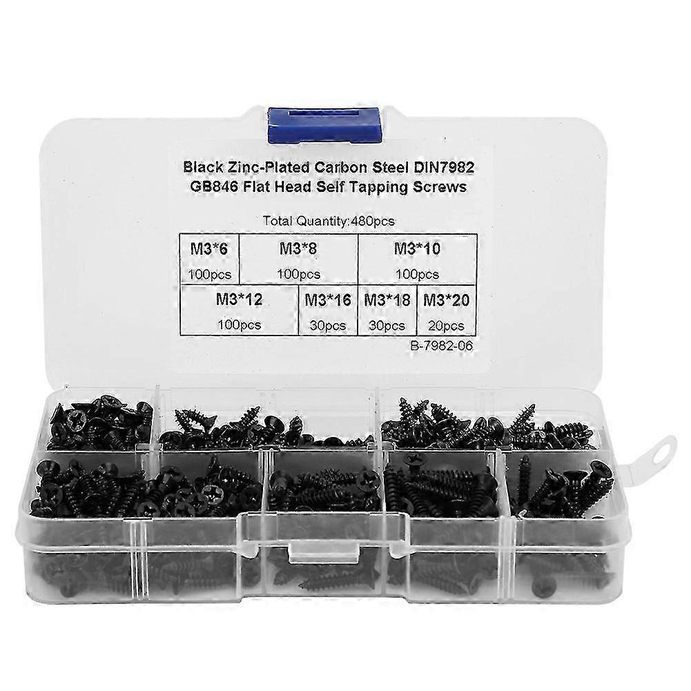480Pcs Self Tapping Screw M3 Flat Head Cross Hardware Fasteners Black Nickel Plating