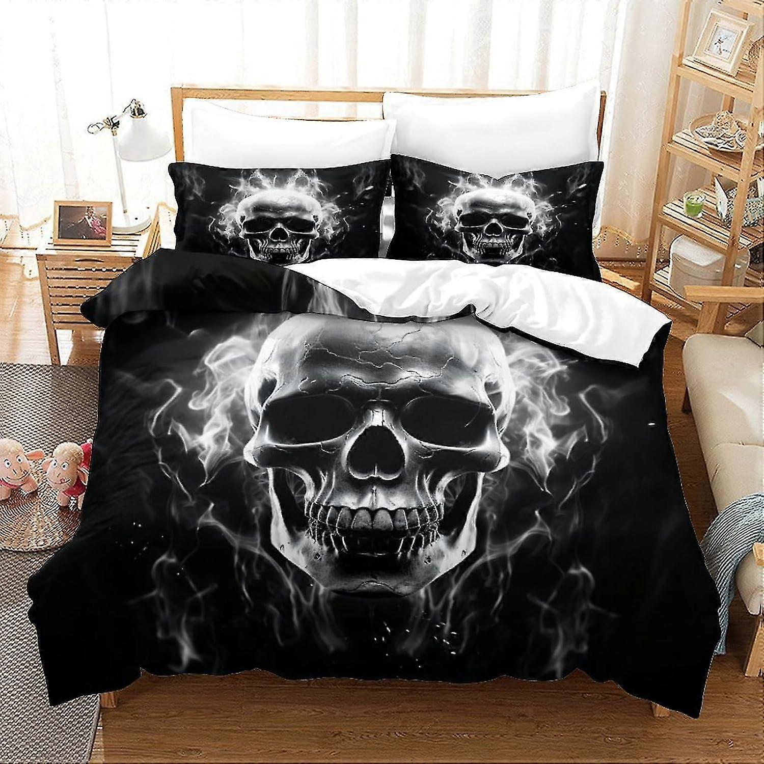 Soft Duvet Cover Set with Skeleton Flame Design, Printed Duvet Cover and Pillowcase, 3 Piece Set for Adults and Children