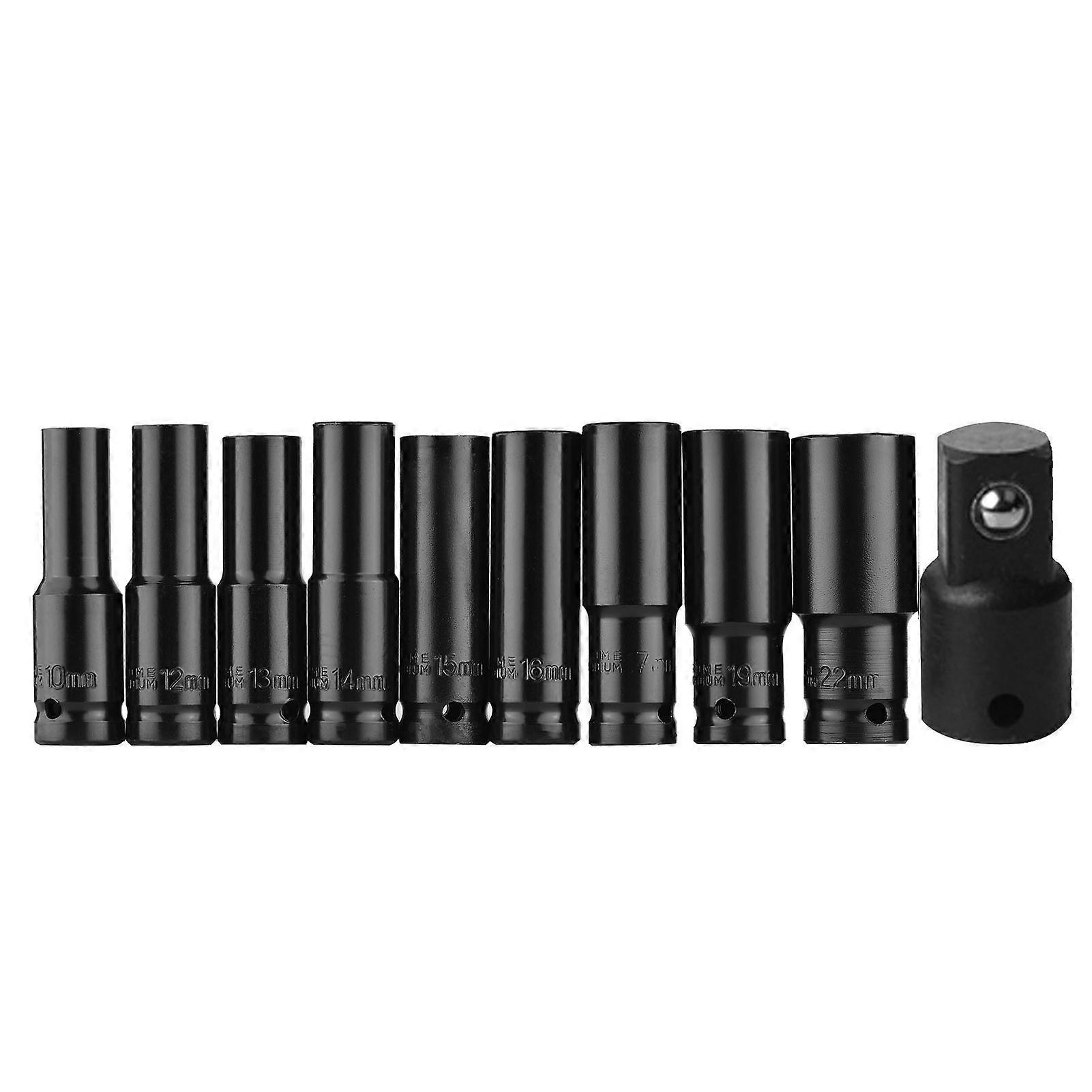 1/2 Inch Drive Hex Impact Socket Set 10-Piece Deep Socket Metric Sizes 10-22mm and 3/8 Inch Adapter CR-V Material with Hard Storage Box