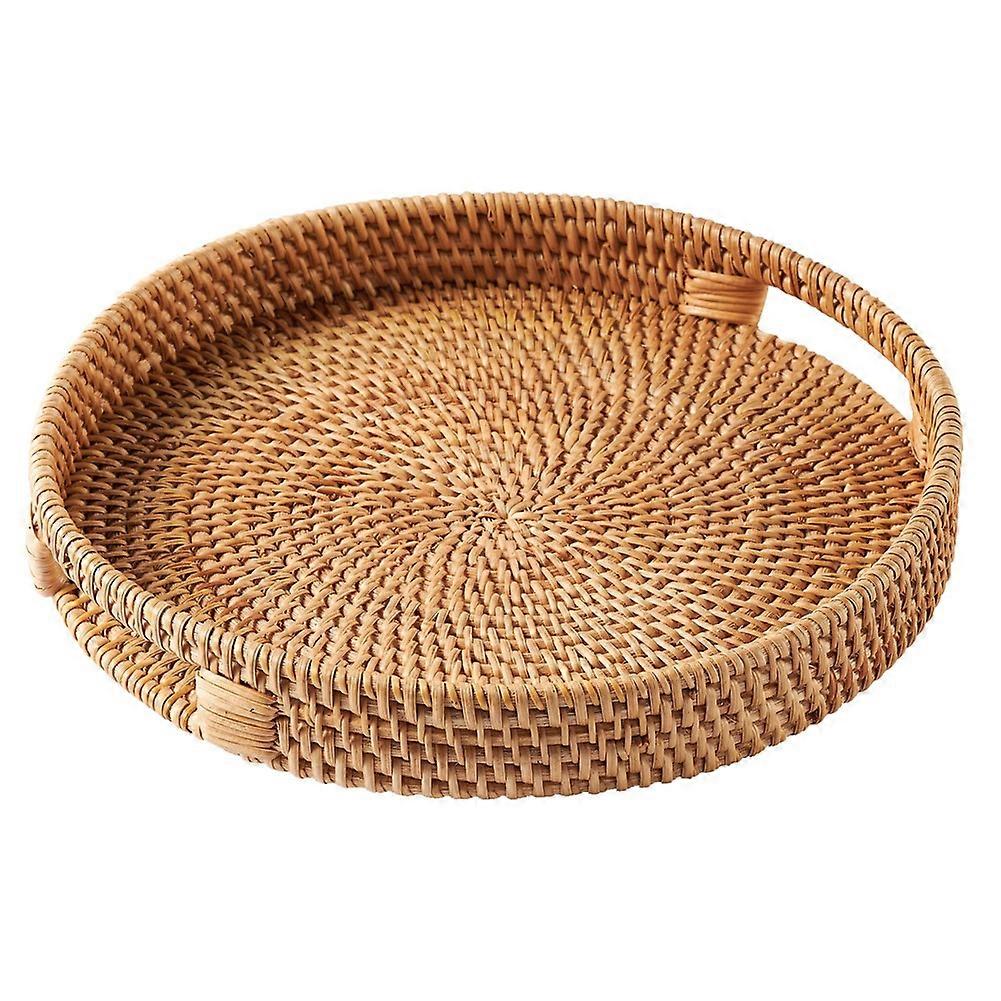Rattan Serving Tray 30cm, Woven Serving Trays with Handles for Home,Round Dining Table Tray,Wicker Serving Basket