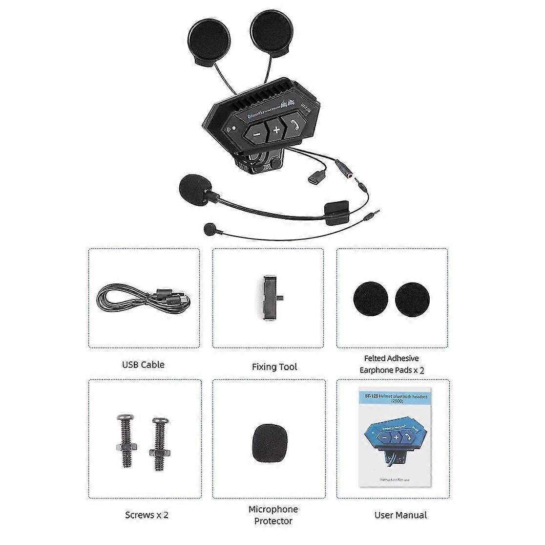 Motorcycle Helmet Intercom Bluetooth 5.0 Headset with 2000mah Battery for Handsfree Riding Communication and Music Play