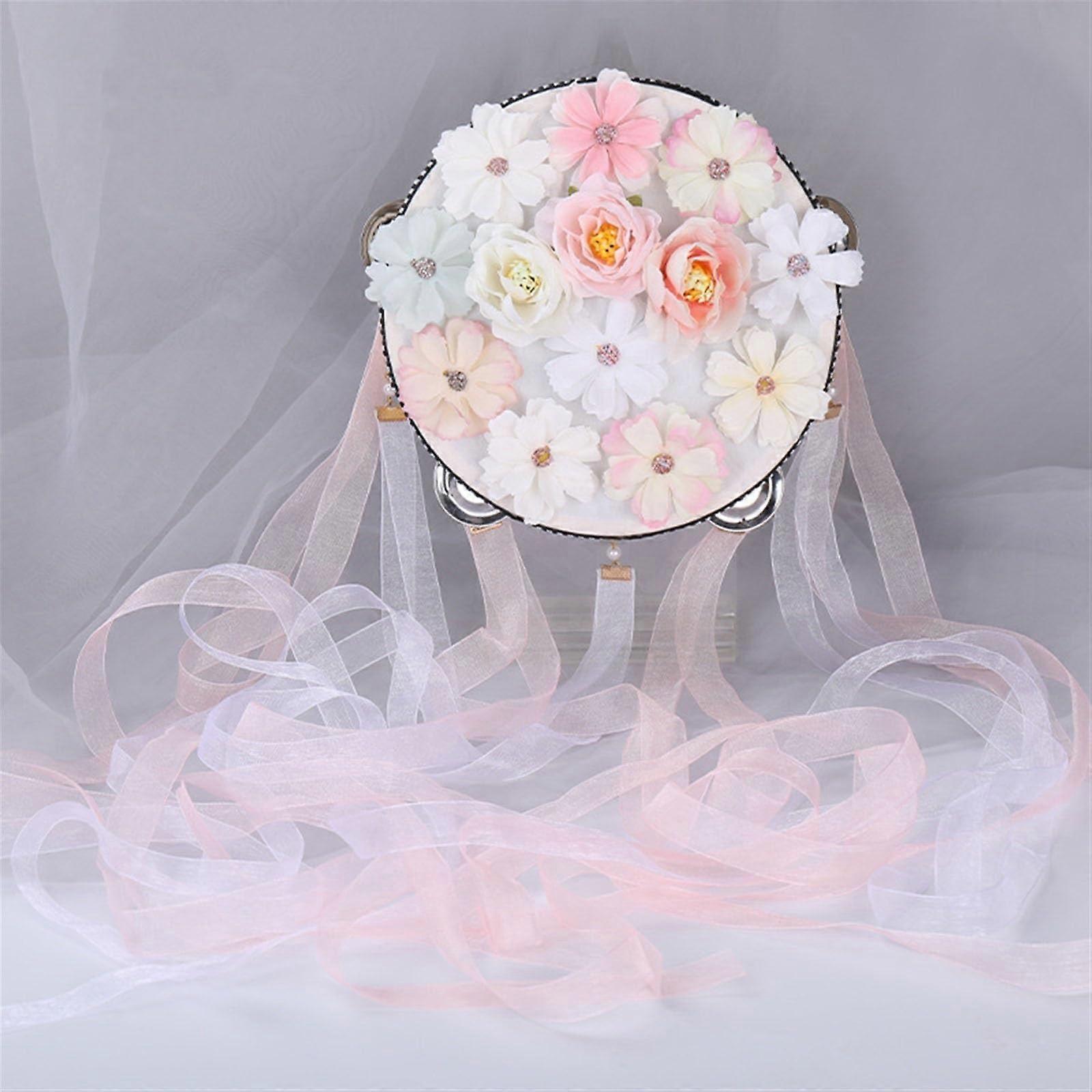 Colorful Flowers Tambourine with Ribbons Musical Instrument Single Row Chime Drum Hand Drum for Church, Dance, Party, KTV (Color: B)