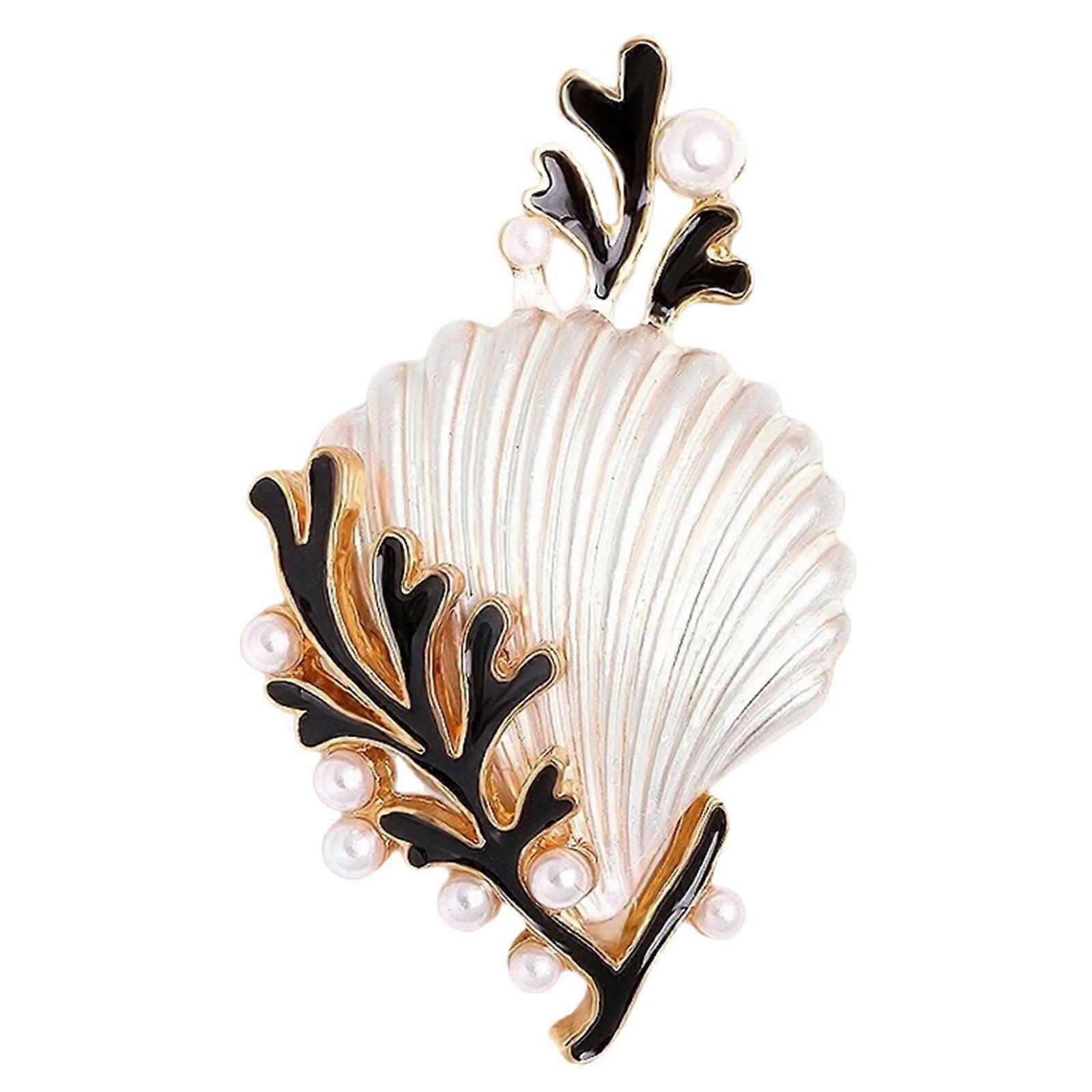 Stylish Coral Shell Brooch Adorned With Pearls And Vibrant Drip Glaze Elegant Lapel Pin Accessory For Versatile Styling  White