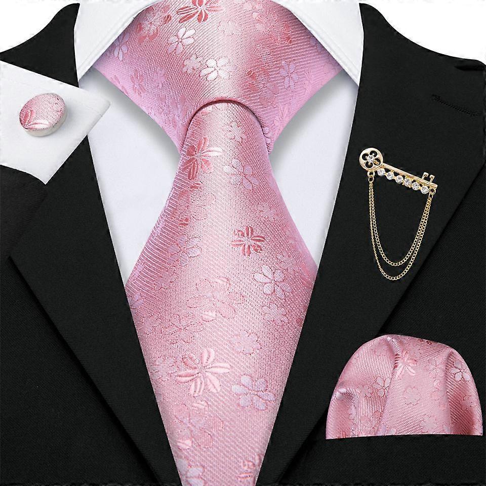 Barry.Wang Brooches with Tie for Men Pink Floral Silk Necktie Hanky Cufflinks Set for Wedding Dating