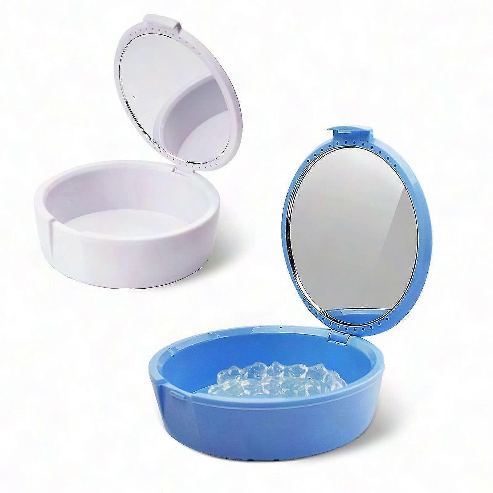 Mirror Container Denture Storage Box for Travel - Blue and White Case