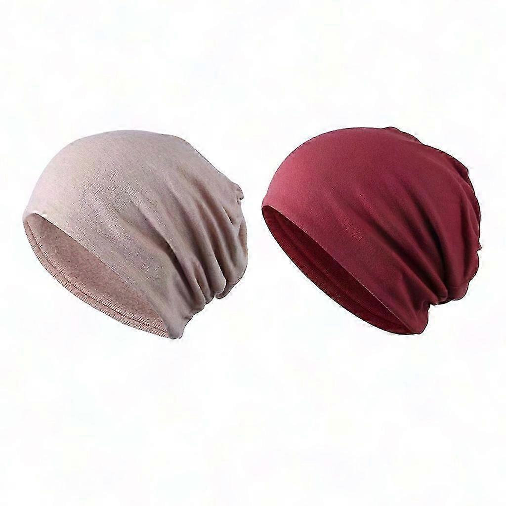 Unisex Slouchy Beanie Skull Cap Stretch Baggy Sleep Chemo Cap Adjustable Hat in Solid Khaki & Red