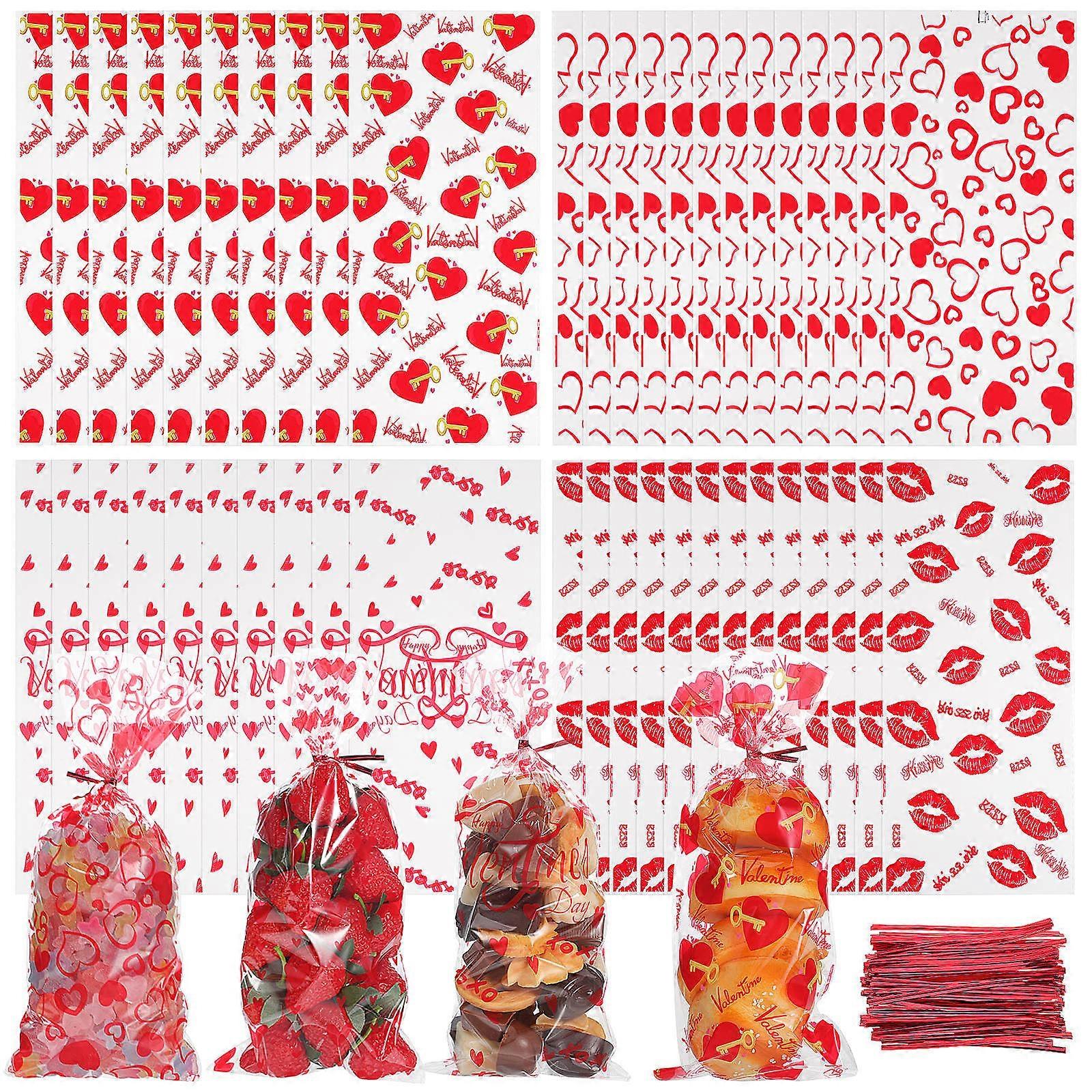 120 Pcs Valentine'S Day Cellophane Bags Valentines Day Treat Bags Mixed Heart Print Pattern Wrapping Bags With Ties Valentines Goodie Bags Candy Bags
