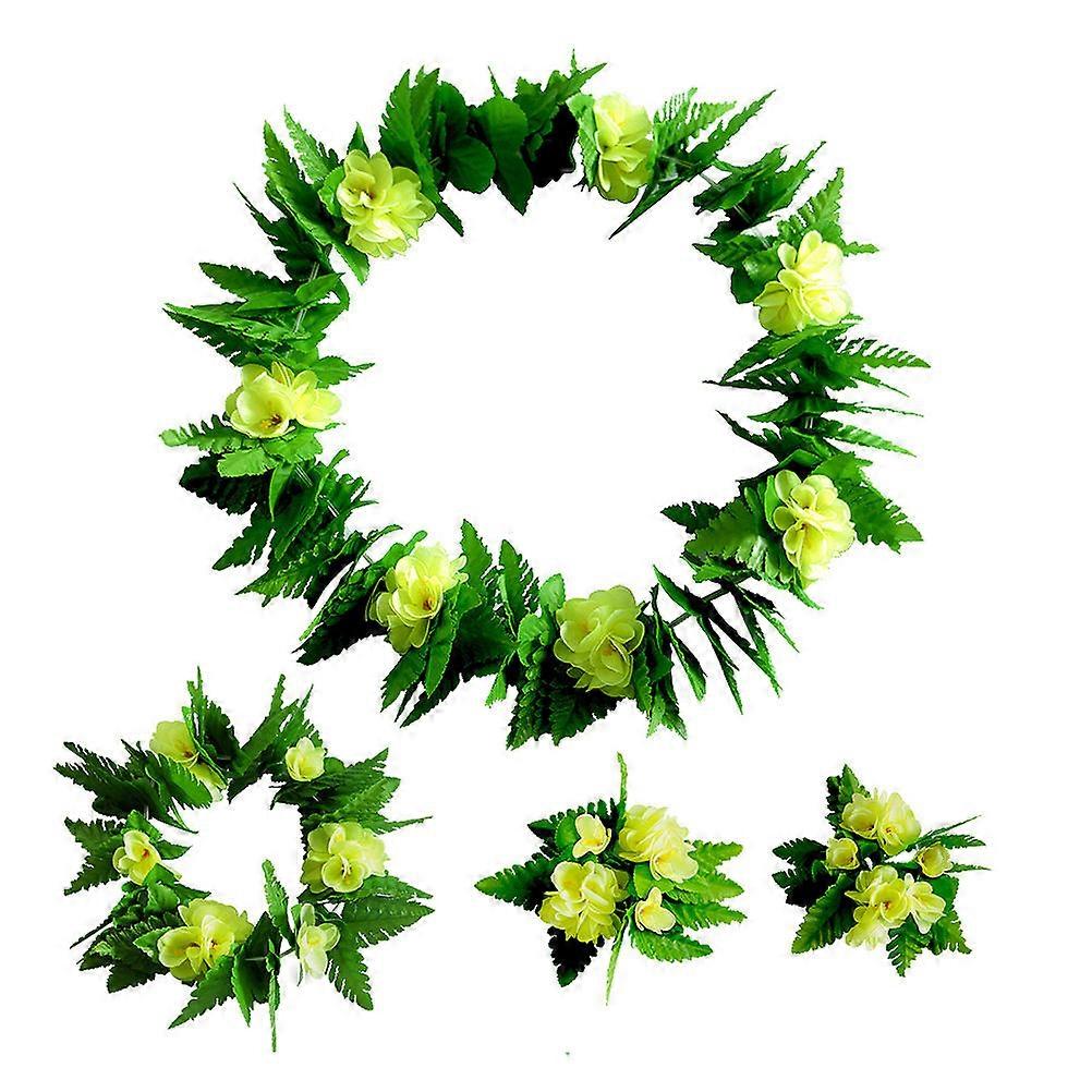 Hawaiian Party Costume 5Pcs Set Including Leaf Skirt And Garland For Adults Style Yellow Color For Luaus And Parties