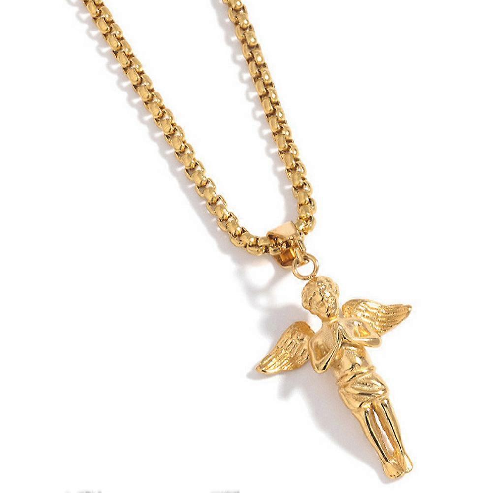 Corrente de clavícula de aço titânio dourado com colar de pingente de anjo para decoração 8,66 polegadas