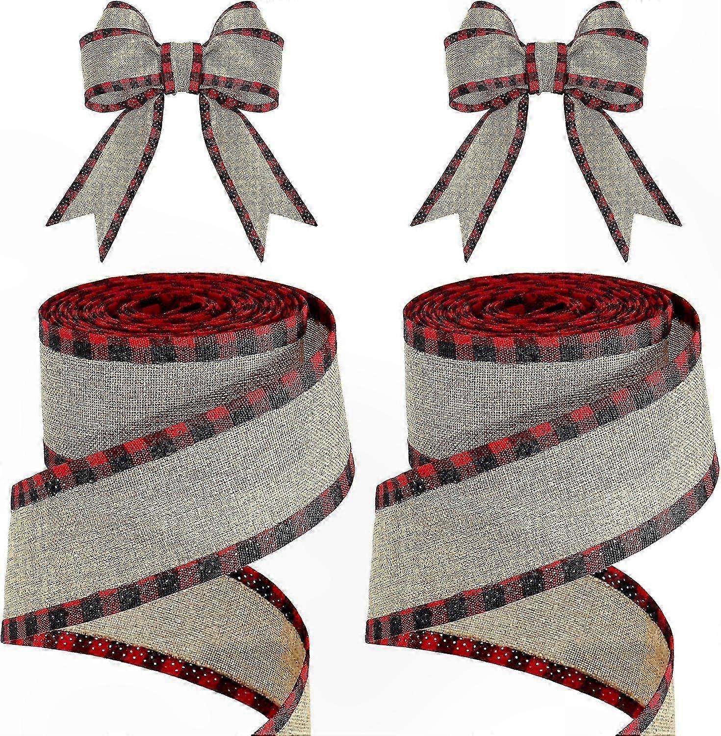 2 Rolls of Red and Black Checkered Burlap Ribbon with Wired Edge for Crafting and Wrapping, 216 Inches Total Length