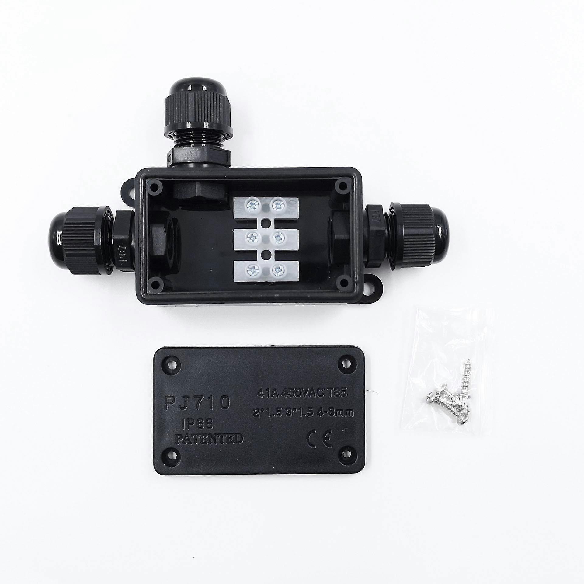 Waterproof outdoor junction box with terminal block, two waterproof plastic black junction boxes, compact and lightweight.