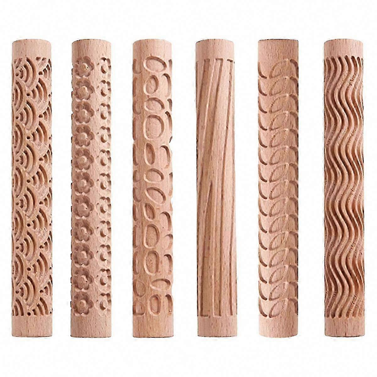 6Pcs Clay Texture Rollers with Wooden Handle, Pattern Rollers for Pottery, Stars and Wood Wave Design