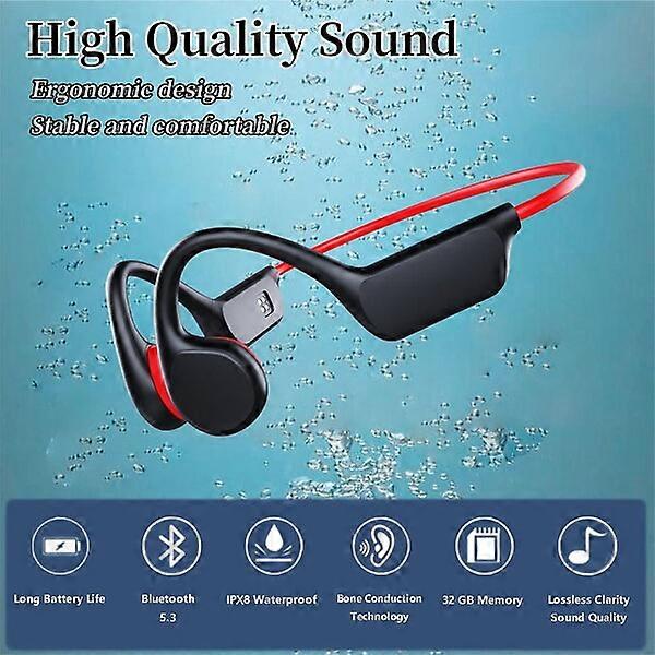 Bone conduction headphones, 32G memory, IPX8 waterproof, Bluetooth 5.3