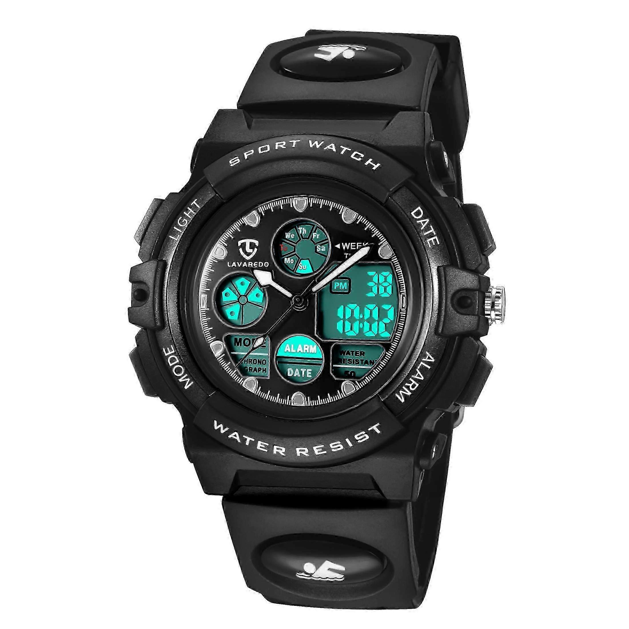 Boys' Multifunctional Electronic Watch with Resin Strap and Transparent Lens Shockproof Dual Time Calendar
