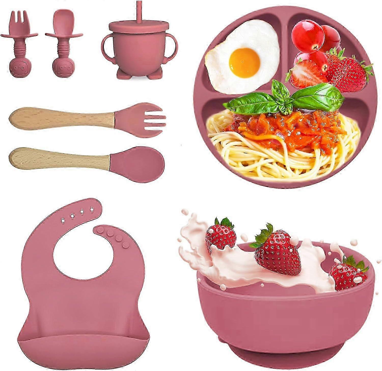 طقم أواني فخارية للأطفال من السيليكون مكون من 8 قطع ، طقم أواني فخارية للأطفال غير قابلة للانزلاق ، أدوات مائدة للأطفال مع كوب شفط ، خالية من مادة BPA - GSL