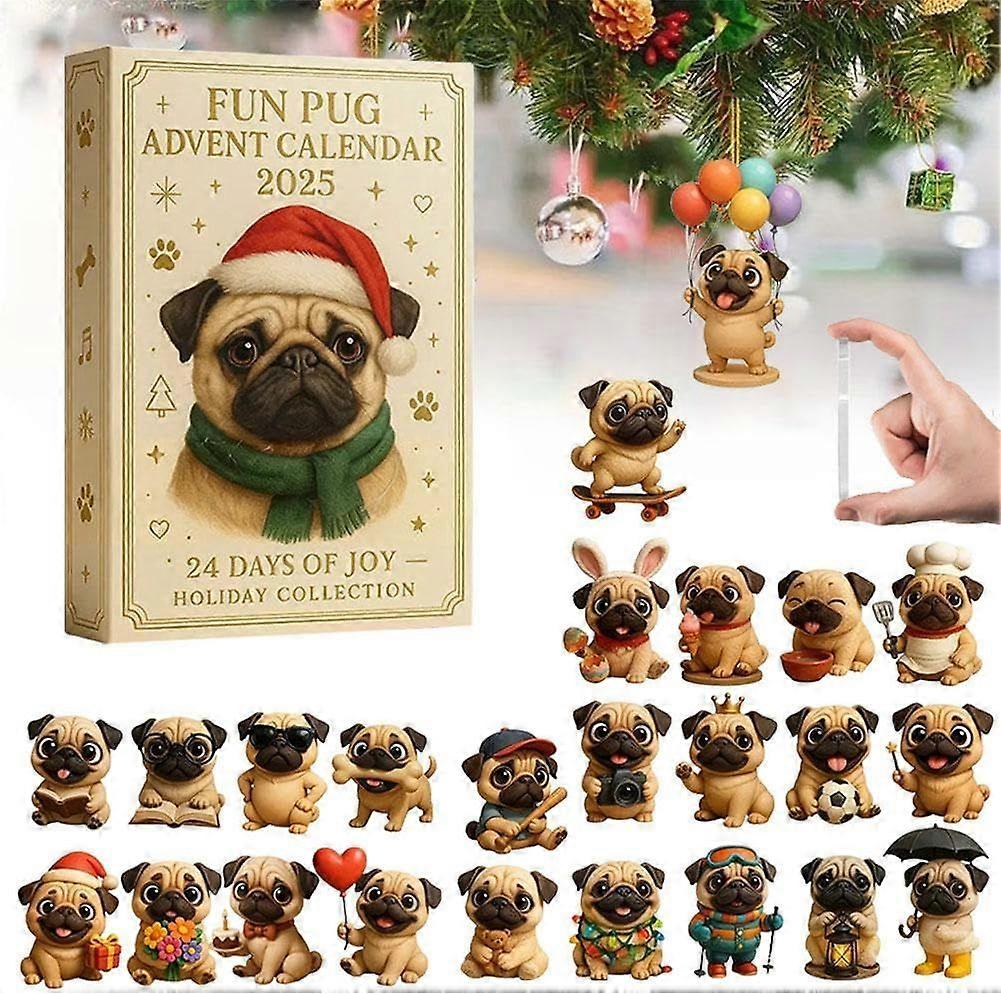 Pug Advent Calendar 2025, 24 Days Christmas Countdown Calendar with Cute 2D Acrylic Pug Dog Hanging Ornaments, Christmas Tree Decorations, Holiday Dec