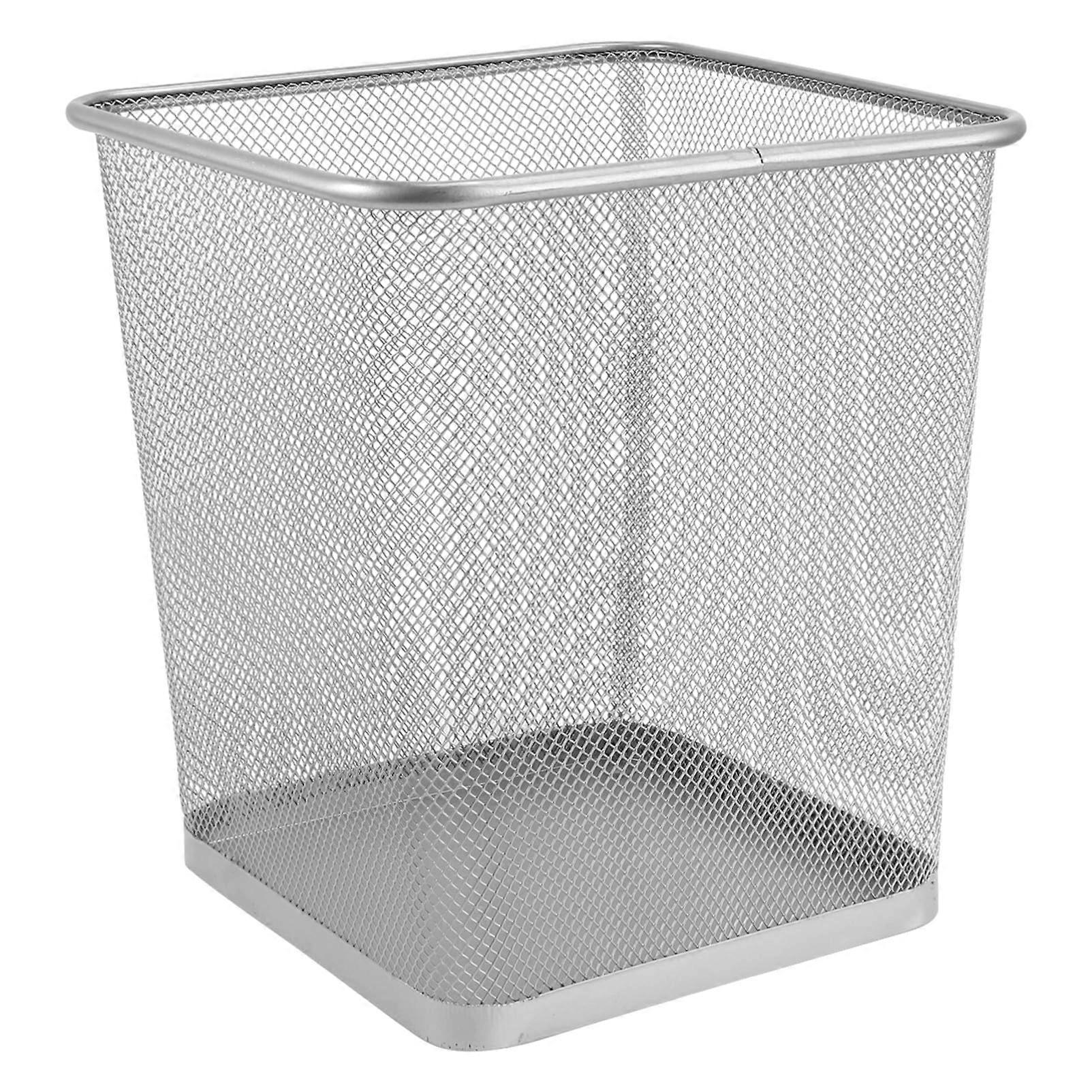 Metal Household Trash Can With Base, RustResistant Mesh Wastepaper Basket, Silver Square, Large Capacity