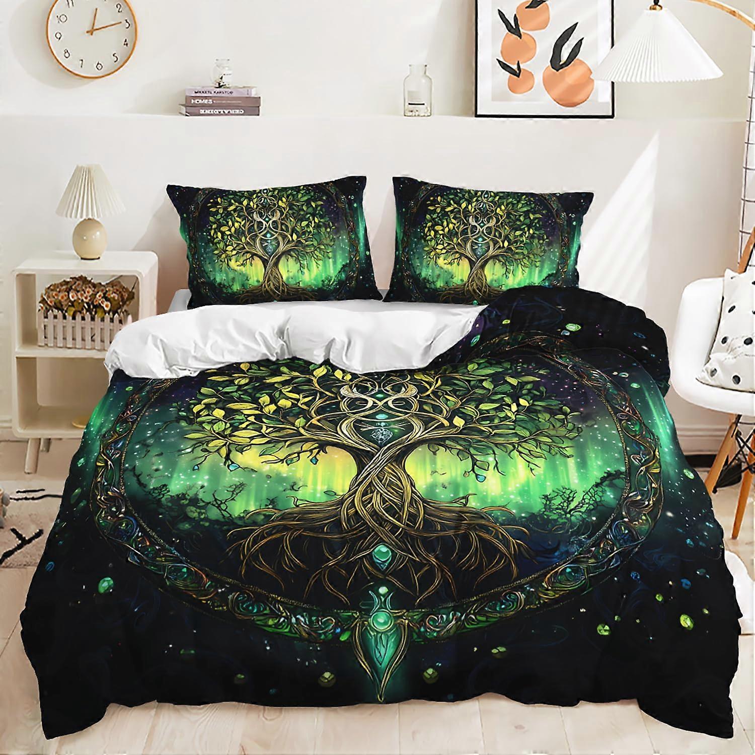 Tree of Life Duvet Cover Set Full Size Green Boho Starry Style 3Piece Quilt Cover and 2 Pillowcases