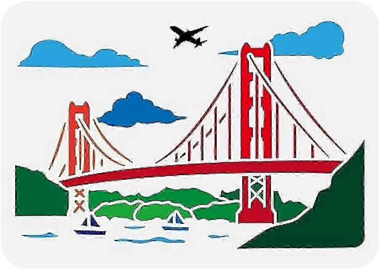 Golden Gate Bridge Stencil 8.3x11.7inch Reusable Bridge Pattern Painting Template Chain Bridge River Cloud Airplane Ship Decoration Stencil for miao4