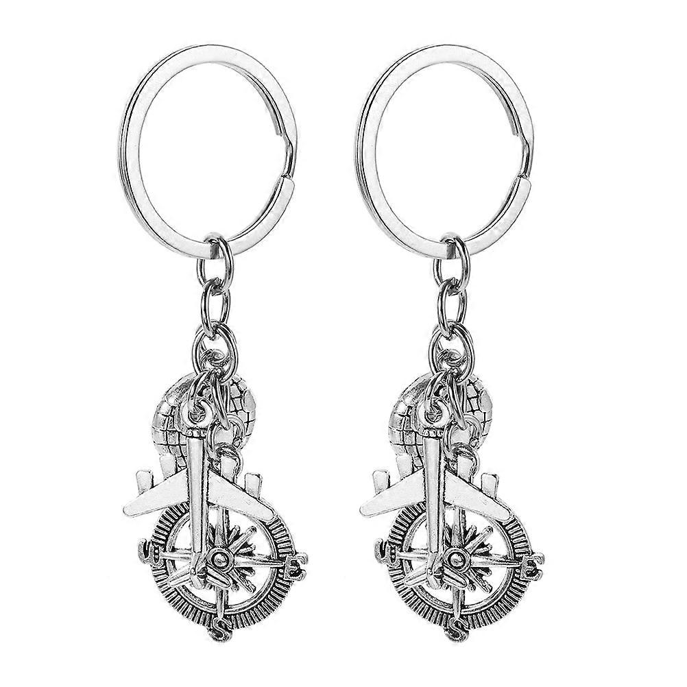 Travel Keychain Featuring Airplane Design With Earth And Compass Charm For Adventure 2Pcs Set