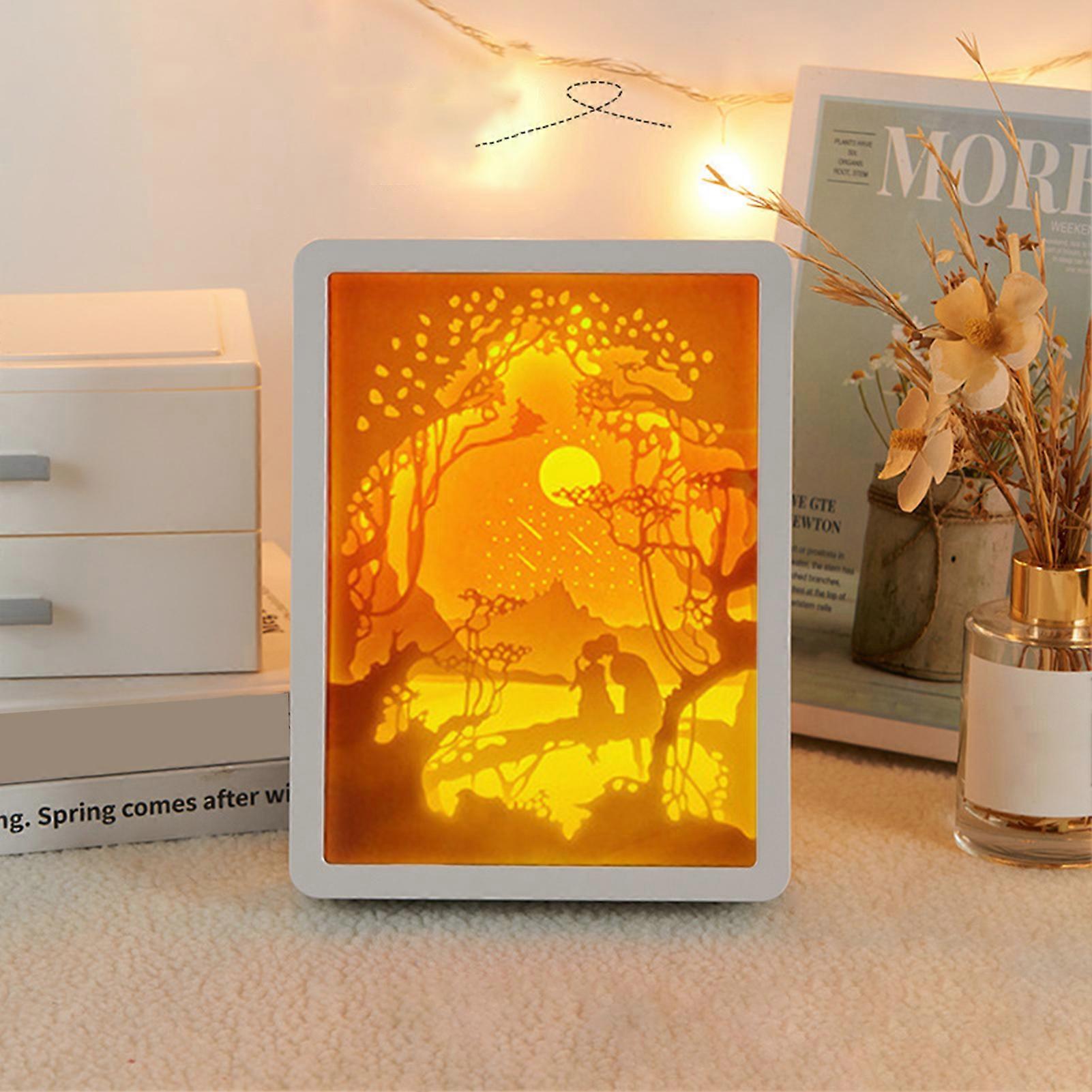 Hariumiu 3D Paper Carving Night Light Soft Glow Rechargeable Creative Paper Sculptures Frame Table Lamp Decorative Night Light