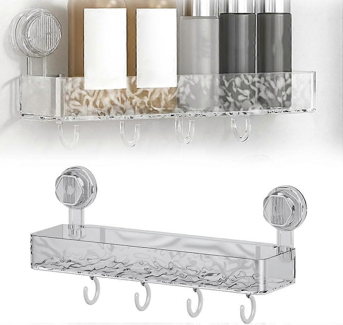 Suction Cup Shower Caddy No Drill Wall Mounted Storage Shelf with Hooks for Bathroom Kitchen