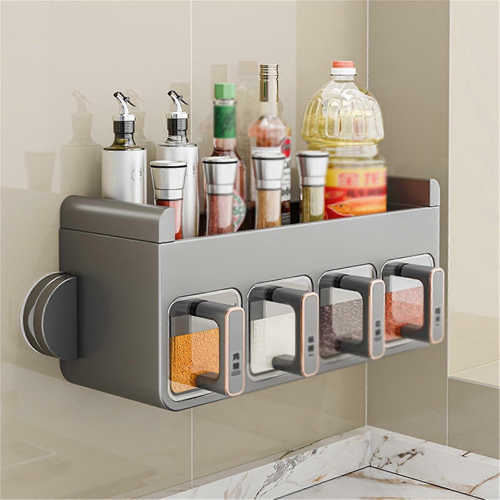 Wall Mounted Spice Rack with Airtight Lids, Double Layer Kitchen Condiment Organizer Gray