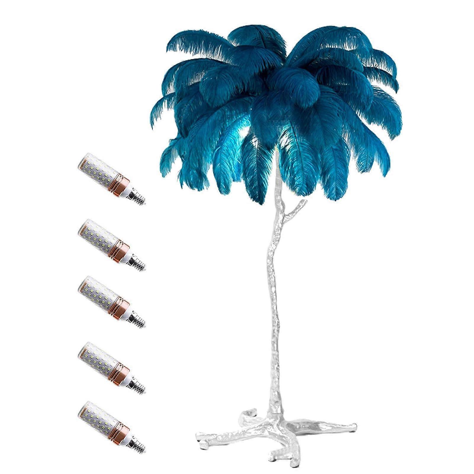 Modern Ostrich Feather Floor Lamp with Dimmer, Silver Base, Blue, 80x75cm Soft Lighting