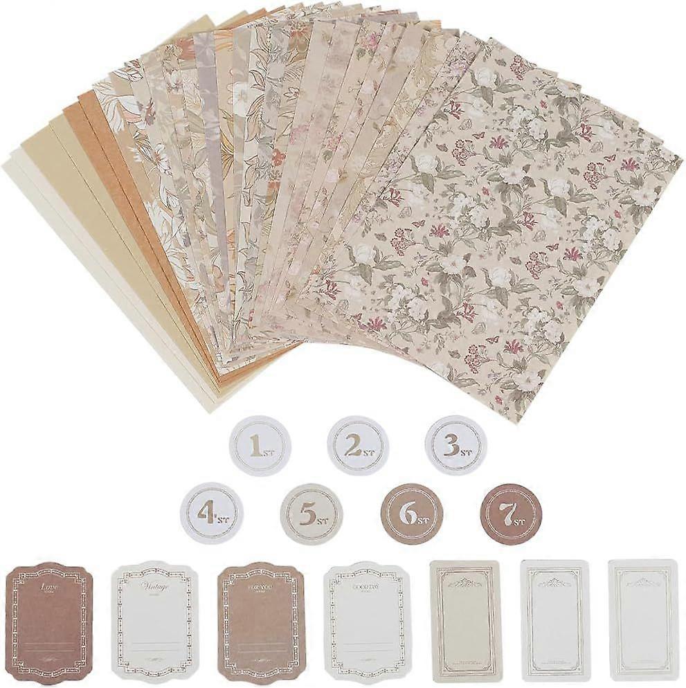 40 Sheets Vintage Floral Scrapbook Paper Journaling Paper Set 4.1 x 5.8in Retro Colorful Background Textured Flower Round Note Label Sticker Papers fo