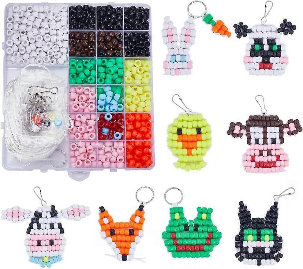 1 Box DIY 8 Sets Bead Pets Bead Craft Kit Bead Animals Keychain Kit 8mm Pony Beads Bulk Video Tutorials Farm Animal Duck Frogs Cow Opaque Plastic Pony