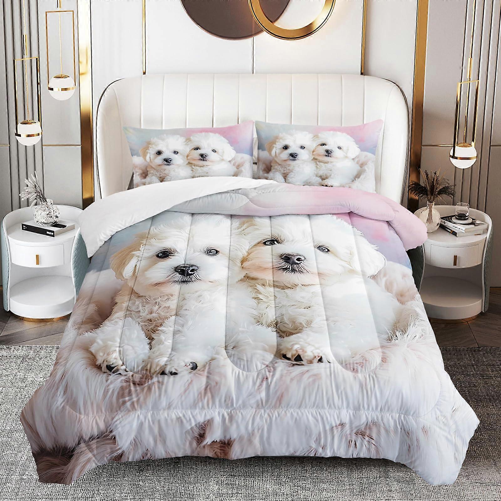 Puppy Comforter Set Twin Size with Vivid 3D Bichon Frise Print, 3Piece Dog Bedding for Kids Girls