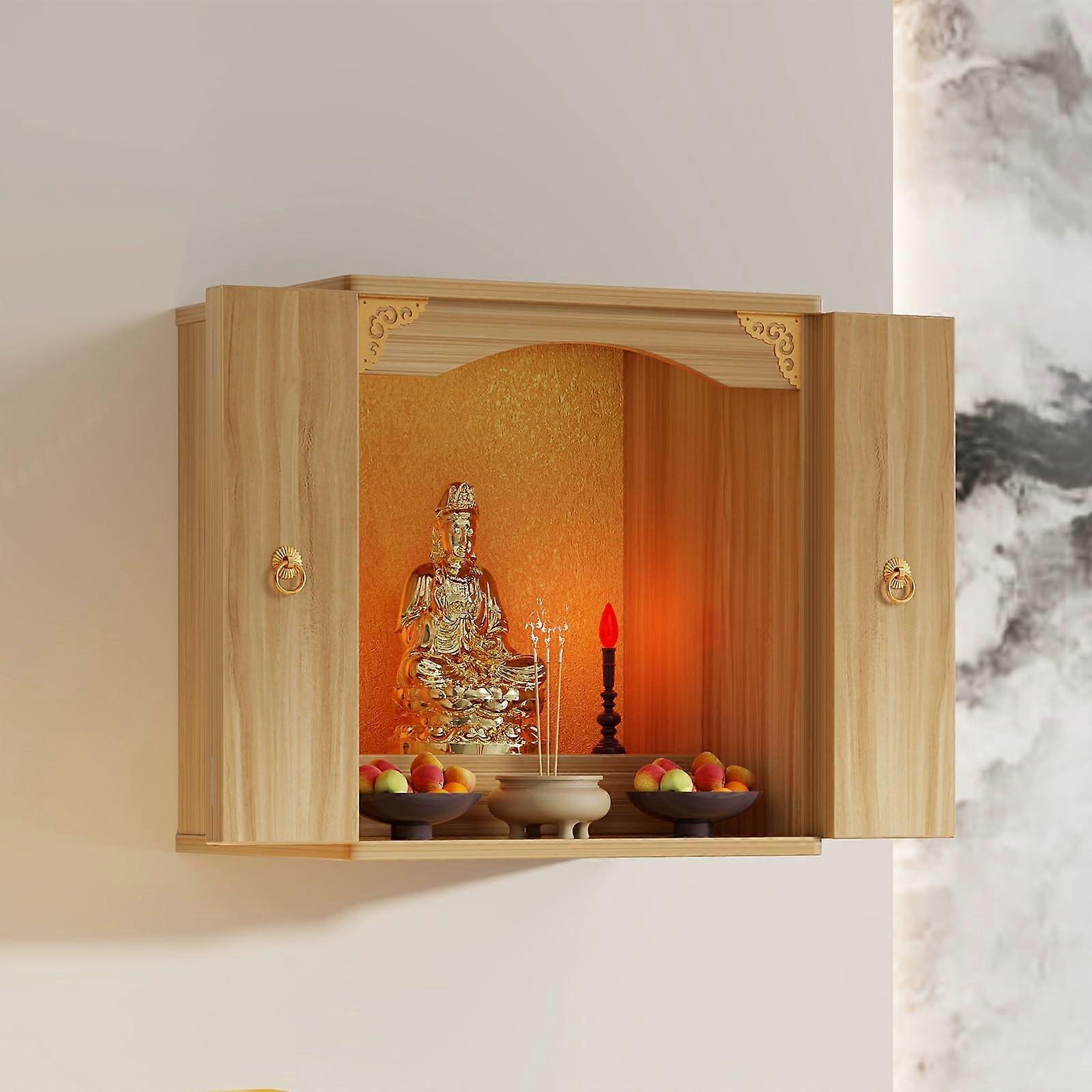 Buddha Altar Shelf Wall Mounted Meditation Table with Elegant Cloud Patterns Silent Doors Yellow 40cm