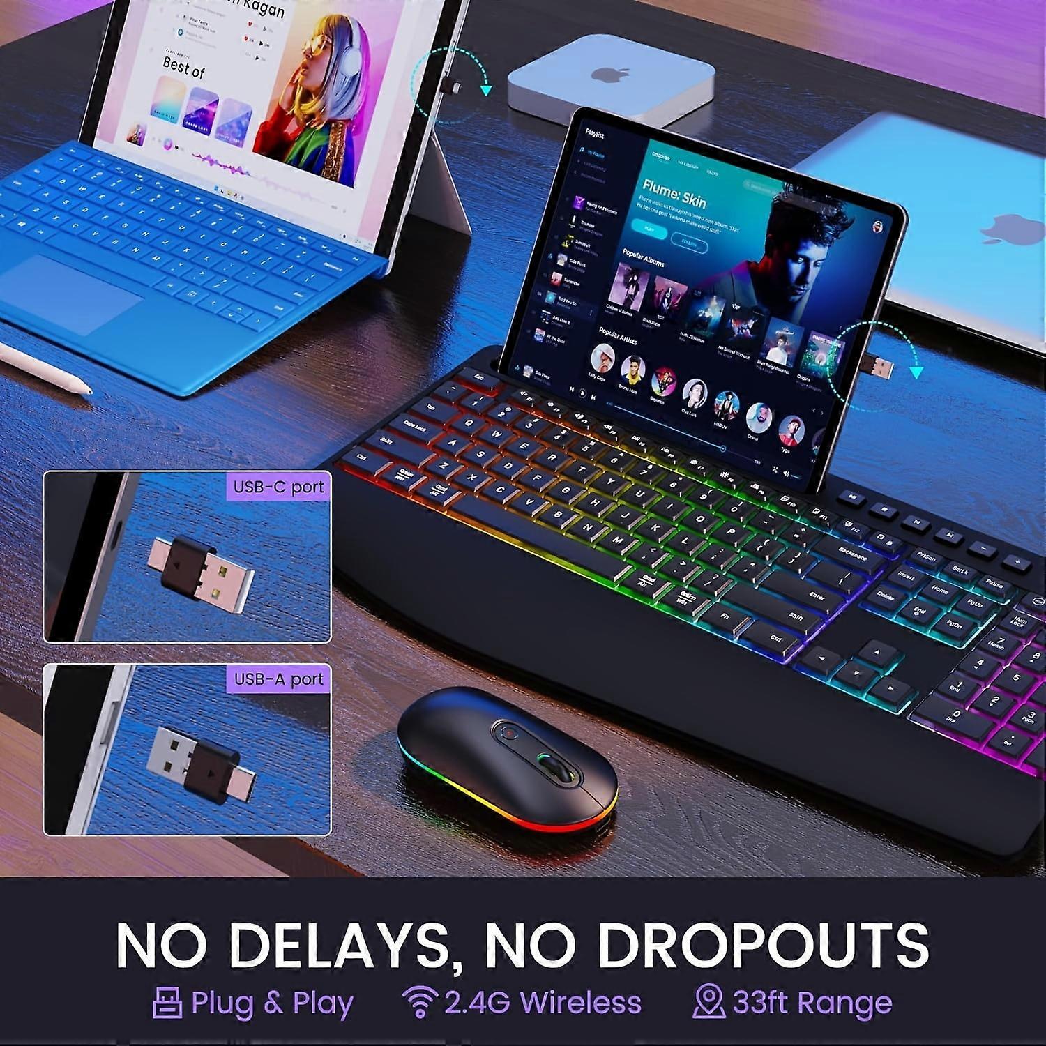 Wireless RGB Backlit Keyboard & Mouse Combo, 2.4G Rechargeable Full-Size with Phone/Tablet Holder, Silent Ergonomic for PC, Laptop, compatible with