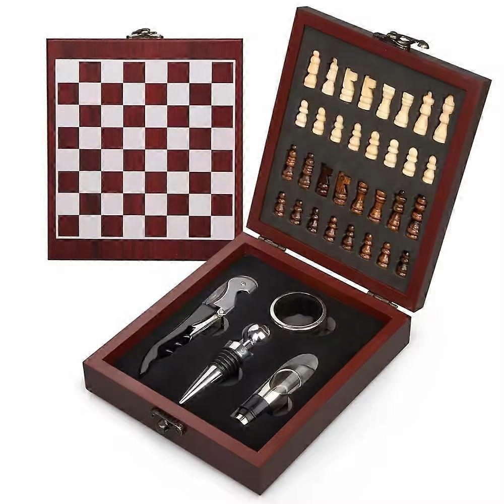 Wine Gift Set with Chess Board  2 in 1 Wooden Case with Opener, Stopper, Pourer and Drip Ring