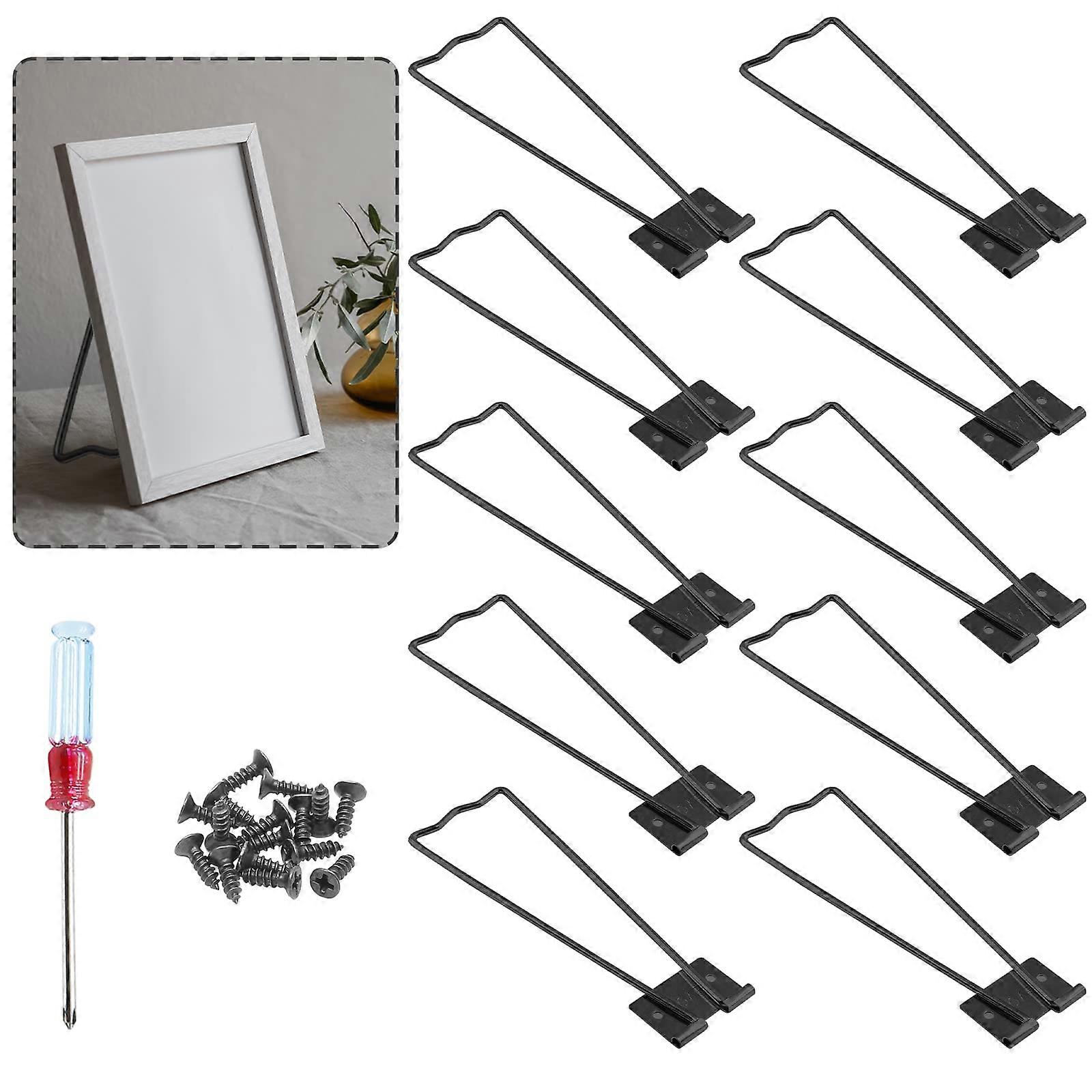 10Pcs Black Iron Picture Frame Easel Back Kit with Screws and Screwdriver for Stable Display