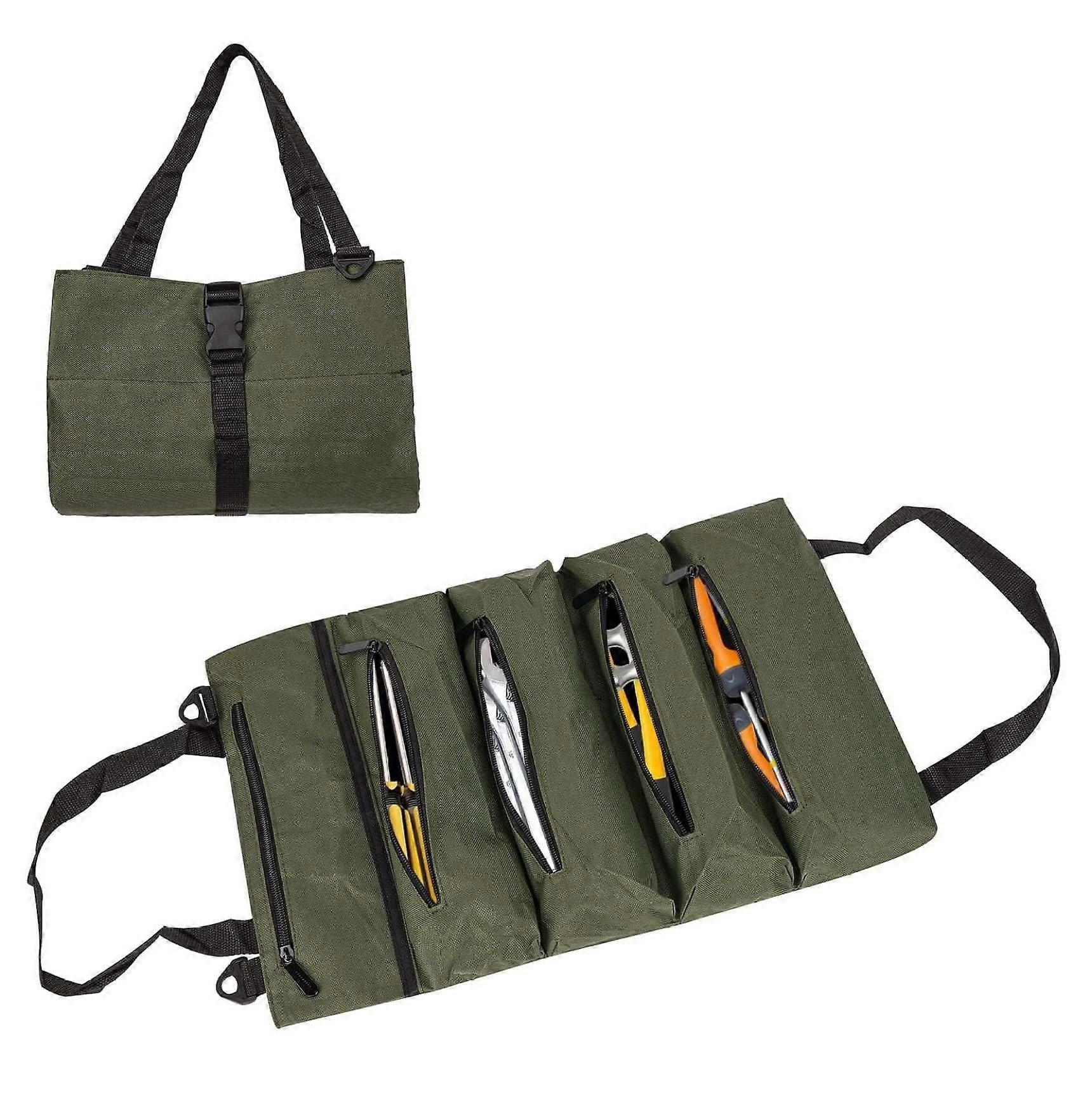 Tool Roll Organizer Waterproof Ripstop Canvas Bag with Zipper and Hanging Hook for Mechanics Electricians Green