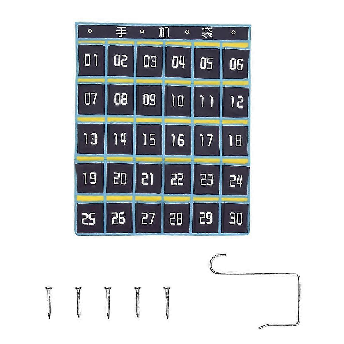Numbered Pocket Chart Classroom for Phones (30 Pockets, Blue Pockets)