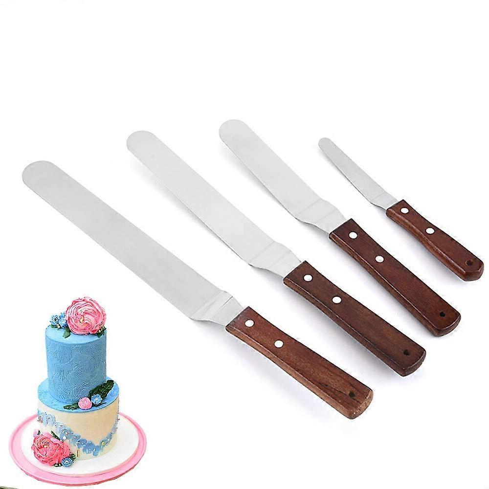 4 Piece Cake Decorating Spatula Set with MultiSize Angled Blades and Wooden Handle for Baking
